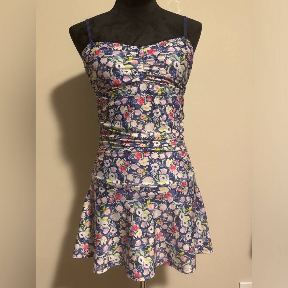 EUC Nicole Miller Purple Floral Bandeau Ruche One-piece Swim Dress size small